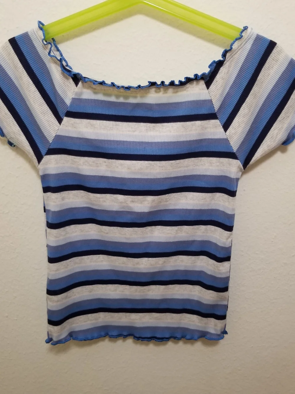 Justice Girl's 8 Blue, Black, & Grayish-White Striped Short Sleeve Zip-Front Tee
